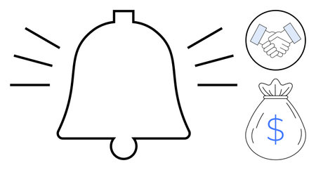 Ringing bell with financial and handshake icons representing notifications, opportunities, agreements. Ideal for business, finance, teamwork, alerts, success networking achievement concepts. Simpleのイラスト素材