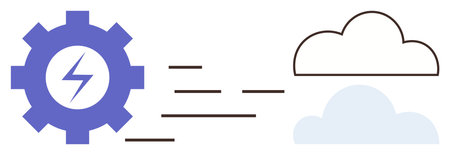 Gear with lightning bolt, dynamic lines, and clouds symbolizing energy, innovation, efficiency, cloud services, sustainability, technology flow. Ideal for automation tech progress cloud computingのイラスト素材
