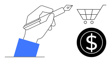 Hand using pen emphasizes decision-making, joined by shopping cart and dollar sign for commerce, budgeting. Ideal for e-commerce, marketing, finance, online shopping, decision-makingのイラスト素材