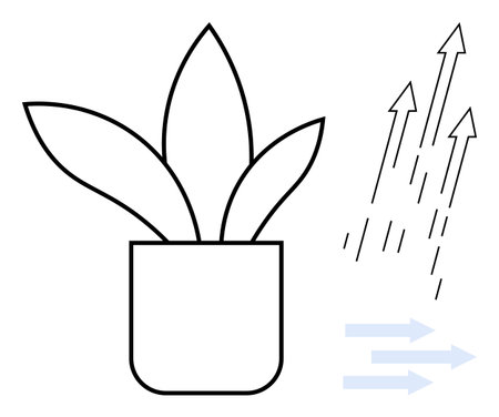 Potted plant with bold lines, upward arrows for growth, and airflow lines. Ideal for nature, growth, sustainability, wellness, eco-living air quality and minimalism-themed concepts. Simple flatのイラスト素材