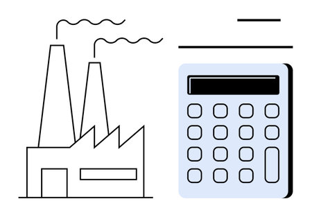 Factory buildings beside a calculator visualizing industrial accounting, cost management, and business calculations. Ideal for finance, production, manufacturing, industry, budgeting, corporateのイラスト素材