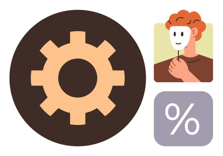Gearwheel icon alongside person holding mask and percentage symbol. Ideal for identity, self-analysis, transformation, growth, management, calculation, productivity themes. Simple flat metaphorのイラスト素材