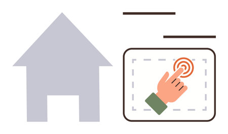 Hand interacting with touchscreen next to a house silhouette, symbolizing smart home automation. Ideal for technology, IoT, innovation, smart living, control systems, modern design, simple flatのイラスト素材