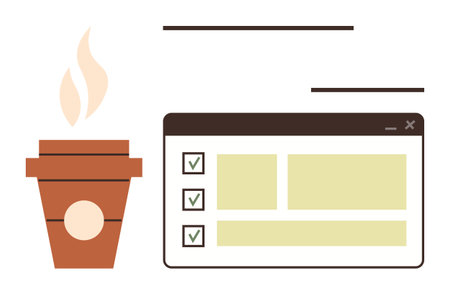 Coffee cup beside a task list interface with checkboxes, representing productivity, focus, and task completion. Ideal for office culture, time management, planning, motivation, workflow remote workのイラスト素材