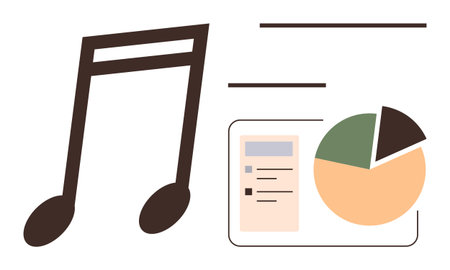 Large music note next to pie chart and list-based data on a dashboard interface. Ideal for music analytics, data visualization, research, trends, digital tools, creativity, simple flat metaphorのイラスト素材
