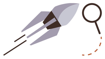 Rocket propelling forward toward a magnifying glass with dashed trajectory, symbolizing innovation, exploration, discovery, research, business growth, analytics, and scientific advancement. Simpleのイラスト素材