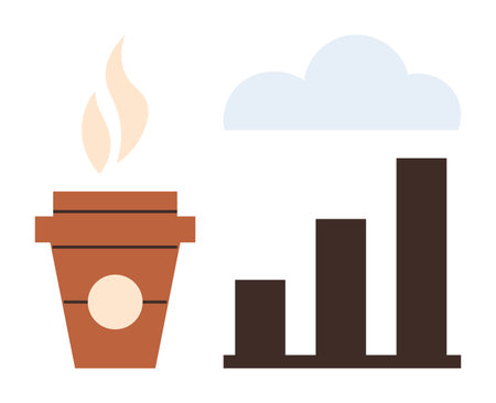 Coffee cup with steam, bar chart with growth trend, and cloud. Ideal for productivity, business, work-life balance, motivation, modern work culture, efficiency simple flat metaphorのイラスト素材