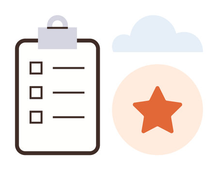 Minimalist checklist on clipboard with checkboxes, orange star for rating, soft cloud. Ideal for productivity, planning, evaluation, prioritization, organization success goal setting. Simple flatのイラスト素材