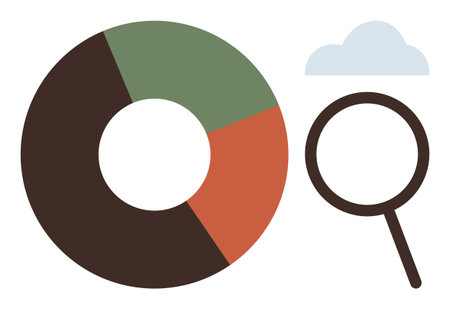 Pie chart split in multicolor segments, magnifying glass symbolizing analysis, minimal cloud accent. Ideal for business strategy, analytics, cloud computing, research, statistics, data visualizationのイラスト素材