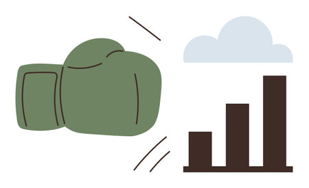 Green boxing glove strikes upward bar chart under light cloud, reflecting growth, resilience, problem-solving, determination, business success, overcoming obstacles, motivational simple flat metaphorのイラスト素材