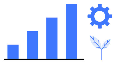 Bar chart showing rising progress, paired with a gear and leaf. Ideal for sustainability, business growth, innovation, analytics, eco-design, technology and productivity themes. Simple flat metaphorのイラスト素材