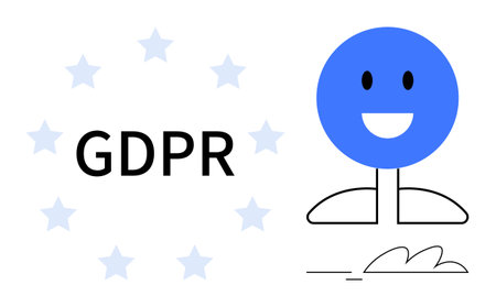 Blue smiling face with minimal stick-figure design, surrounded by stars with GDPR text. Ideal for data security, compliance, privacy laws, user consent, corporate trust, digital responsibilityのイラスト素材