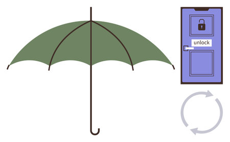Open green umbrella, locked door with unlock option, and circular arrows. Ideal for security, protection, privacy, reliability, process sheltering life safety. Simple flat metaphorのイラスト素材