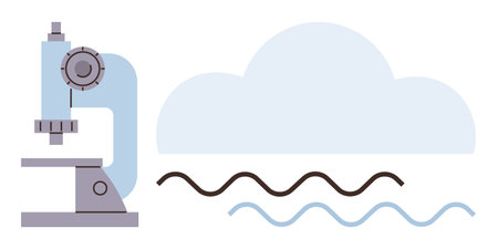 Microscope beside cloud icon and wave patterns, symbolizing scientific research, data analysis,...