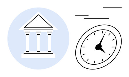 Government building with pillars and a fast-moving analog clock symbolizing urgency. Ideal for governance, time management, policy making, deadlines, legal systems, bureaucracy, and public serviceのイラスト素材