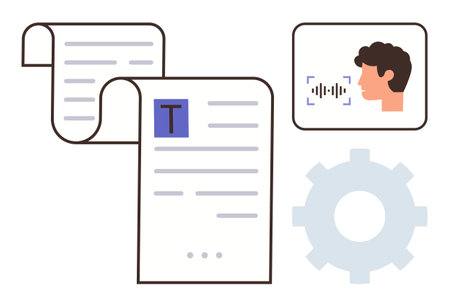Speech-to-text visualization includes flowing documents, profile with voice input recognition, and gear for settings. Ideal for technology, automation, data management, digital tools, AI, simple flatのイラスト素材
