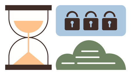 Hourglass measuring time, row of security locks in blue box, and green cloud storage symbol. Ideal for time management, digital security, encryption, cloud storage, data protection, efficiencyのイラスト素材