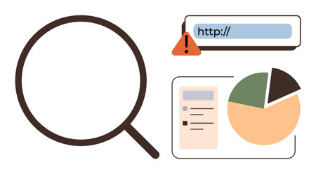 Magnifying glass highlights exploration, pie chart signifies data analysis, and warning icon...