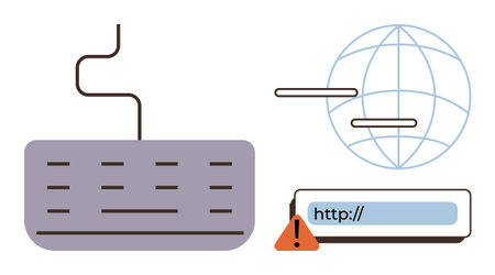 Keyboard alongside browser address bar with warning sign and global network, highlighting online...