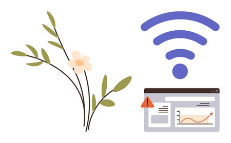 Flowering branch alongside a wireless signal and webpage with alert symbol. Ideal for internet connection, online security, eco-tech balance, sustainability, warning systems, natural innovationのイラスト素材