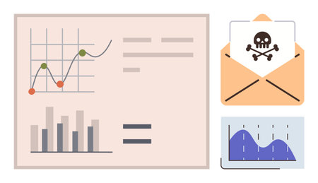 Data charts with trends, bar graphs, malware warning in envelope, risk graph highlight analysis and cybersecurity. Ideal for business analysis, cybersecurity, risk management, data trendsのイラスト素材
