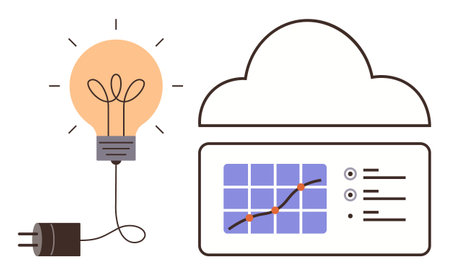 Light bulb plugged into power, cloud interface displaying analytics chart with data points and options. Ideal for energy, innovation, cloud storage, data analysis, technology, connectivityのイラスト素材