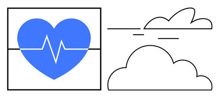Blue heart with ECG line beside minimalist clouds representing health, wellness, sustainability, environment, vitality, connection, and simplicity. Ideal for healthcare, environment and digitalのイラスト素材