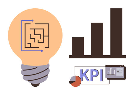 Light bulb with circuit maze, bar chart, and KPI panel represent innovation, analytics, performance tracking. Ideal for business strategy, data analysis, problem-solving, technology managementのイラスト素材