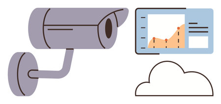 Security camera linked to a cloud server featuring data charts and reports. Ideal for cybersecurity,...