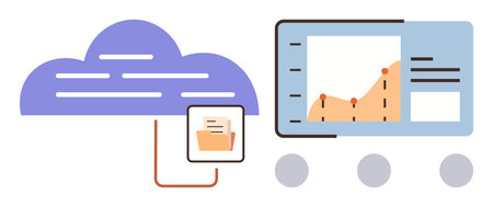 Cloud holding data linked to a document folder and displaying an analytics dashboard with a line...
