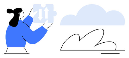 Woman holds puzzle piece with arrows connecting ideas in abstract cloud setting. Ideal for teamwork, innovation, problem-solving, cloud services, strategy, collaboration, growth. Simple flat metaphorのイラスト素材