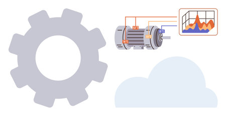 Gear alongside motor with wiring diagram and data graph representing analytics, cloud application, efficiency. Ideal for manufacturing, IoT, cloud computing, engineering, maintenance, analyticsのイラスト素材