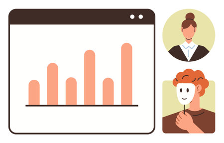 Bar chart interface, businesswoman portrait, and person holding mask explore themes of identity, data analysis, privacy, corporate transparency, human interaction, personal truth, simple flatのイラスト素材