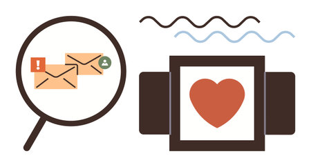 Magnifying glass focusing on email notifications alongside watch with heart display. Ideal for...