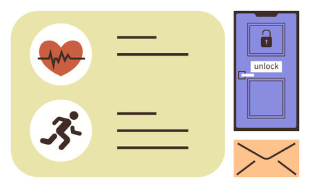 Heartbeat and running icons for health monitoring, locked door for security, envelope for...