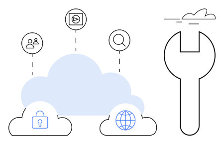 Cloud platforms with lock, globe, and multimedia icons representing security, global access, and media features. Wrench hovering above cloud symbolizing technical support. Ideal for technology, ITのイラスト素材