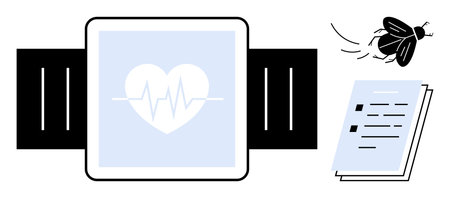 Smartwatch with heart rate display, flying insect, and documents. Ideal for health tech, fitness tracking, healthcare, innovation, wearable technology, lifestyle productivity simple flat metaphorのイラスト素材