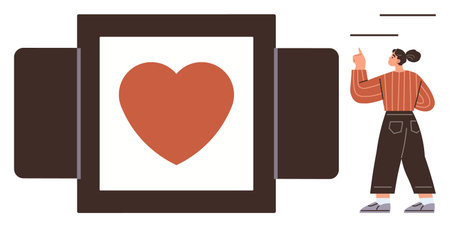 Woman pointing to heart icon on a foldable display screen, suggesting communication, connection,...