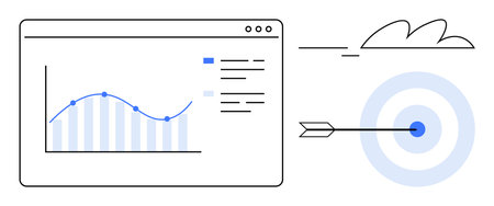 Graph in analytics dashboard highlights rising trends, paired with arrow hitting a bullseye target. Ideal for business, strategy, planning, accuracy, success, marketing growth. Simple flat metaphorのイラスト素材