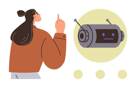 Person gesturing toward robotic face with antennae, symbolizing AI interaction and teamwork. Ideal for technology, innovation, communication, education, future concepts, collaboration, simple flatのイラスト素材