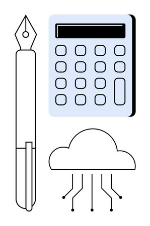 Pen for traditional writing, calculator for finance, and cloud network for digital storage. Ideal for finance, education, technology, writing, data cloud services innovation. Simple flat metaphorのイラスト素材