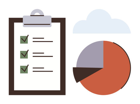 Clipboard with checklist and green checkmarks next to a pie chart and cloud icon. Ideal for productivity, organization, planning, business, data analysis, goal tracking, teamwork. Simple flatのイラスト素材