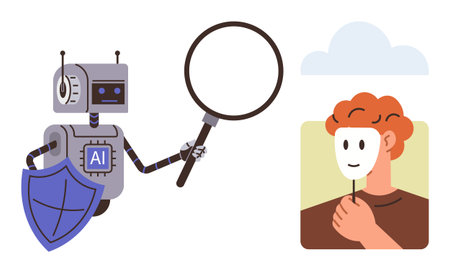 AI robot holding magnifying glass examining a person hiding behind a mask. Ideal for cyber security, AI ethics, digital fraud, identity verification, privacy, online trust, simple flat metaphorのイラスト素材