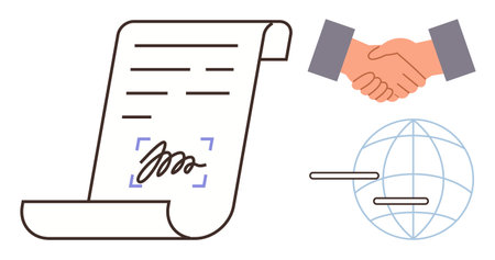 Scroll document with signature, handshake representing partnership, globe symbolizing international scope. Ideal for business, legal agreements, contracts, partnership, globalization, trustのイラスト素材
