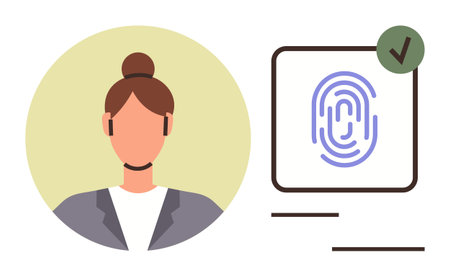 Professional woman portrait next to biometric fingerprint access tick mark. Ideal for security, privacy, authentication, technology, identification, online access, personal data. Simple flat metaphorのイラスト素材