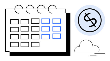 Calendar with marked dates, dollar sign circle, and simple cloud. Ideal for schedule, finance, goal setting, savings, budgeting, organization productivity simple flat metaphorのイラスト素材