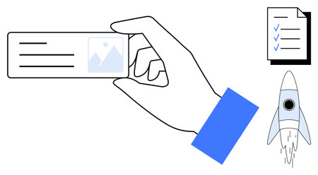 Hand holding an ID card, checklist with checkmarks, and launching rocket representing progress, identity, and accomplishments. Ideal for business, startups, productivity, innovation careerのイラスト素材