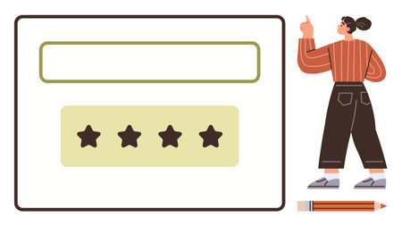Woman evaluating quality through a star rating system on a screen while gesturing thoughtfully. Ideal for feedback, reviews, ratings, quality assessment, user engagement, decision-making, simple flatのイラスト素材