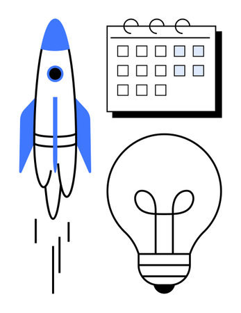 Rocket launching upward next to a calendar and light bulb symbolizing innovation, planning, and creativity. Ideal for strategy, innovation, project management, brainstorming, productivity, timeのイラスト素材