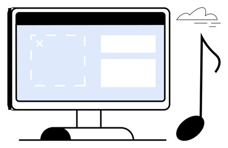 Desktop monitor with editing interface, musical note, and minimal graphics. Ideal for music...